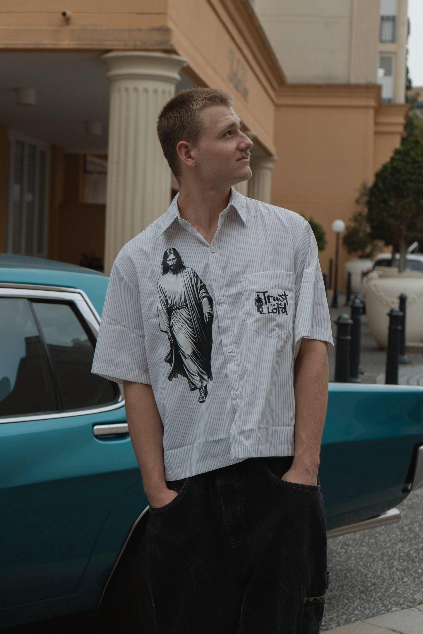 Trust in the Lord Vertical Stripe Boxy Shirt-White