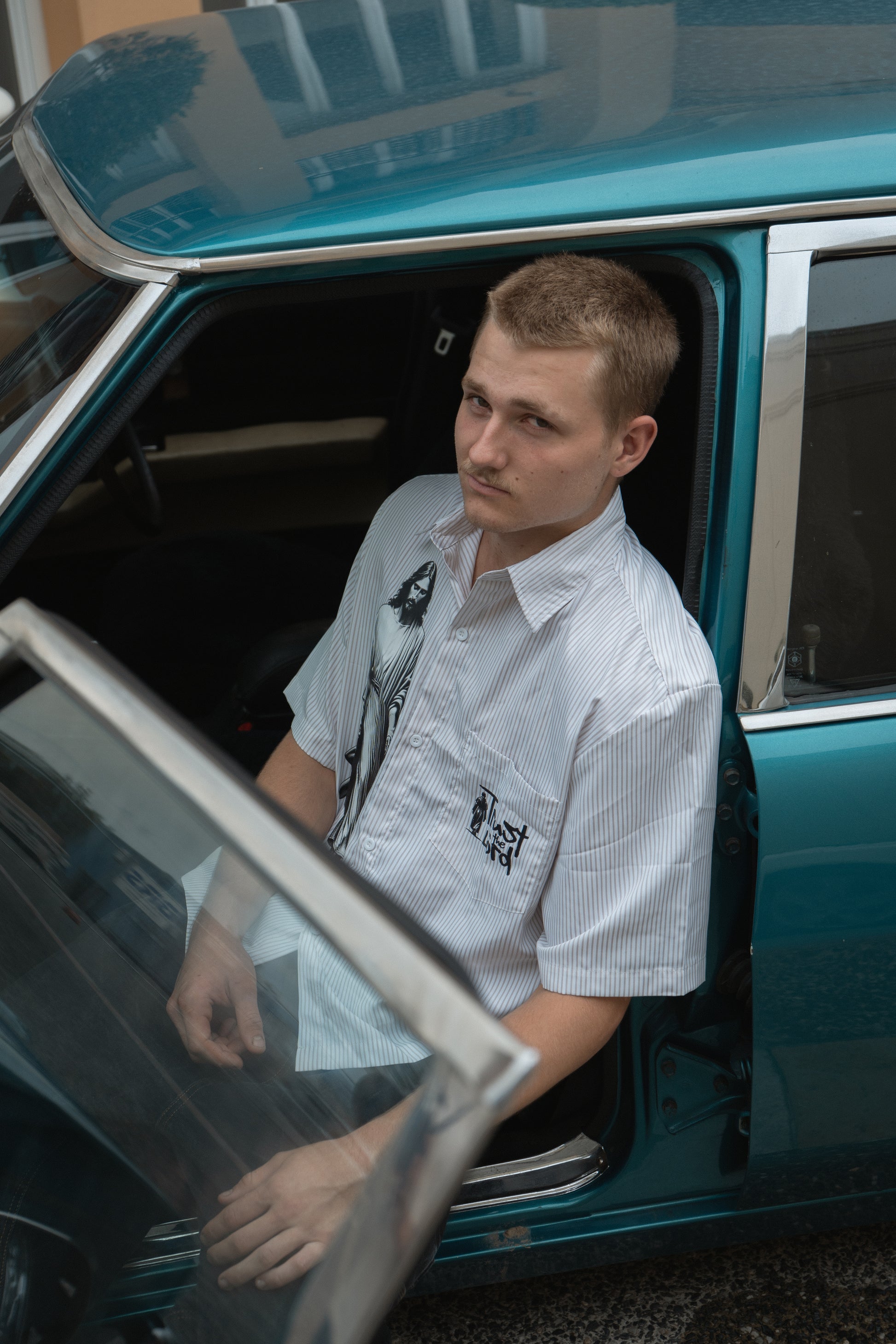 Trust in the Lord Vertical Stripe Boxy Shirt-White