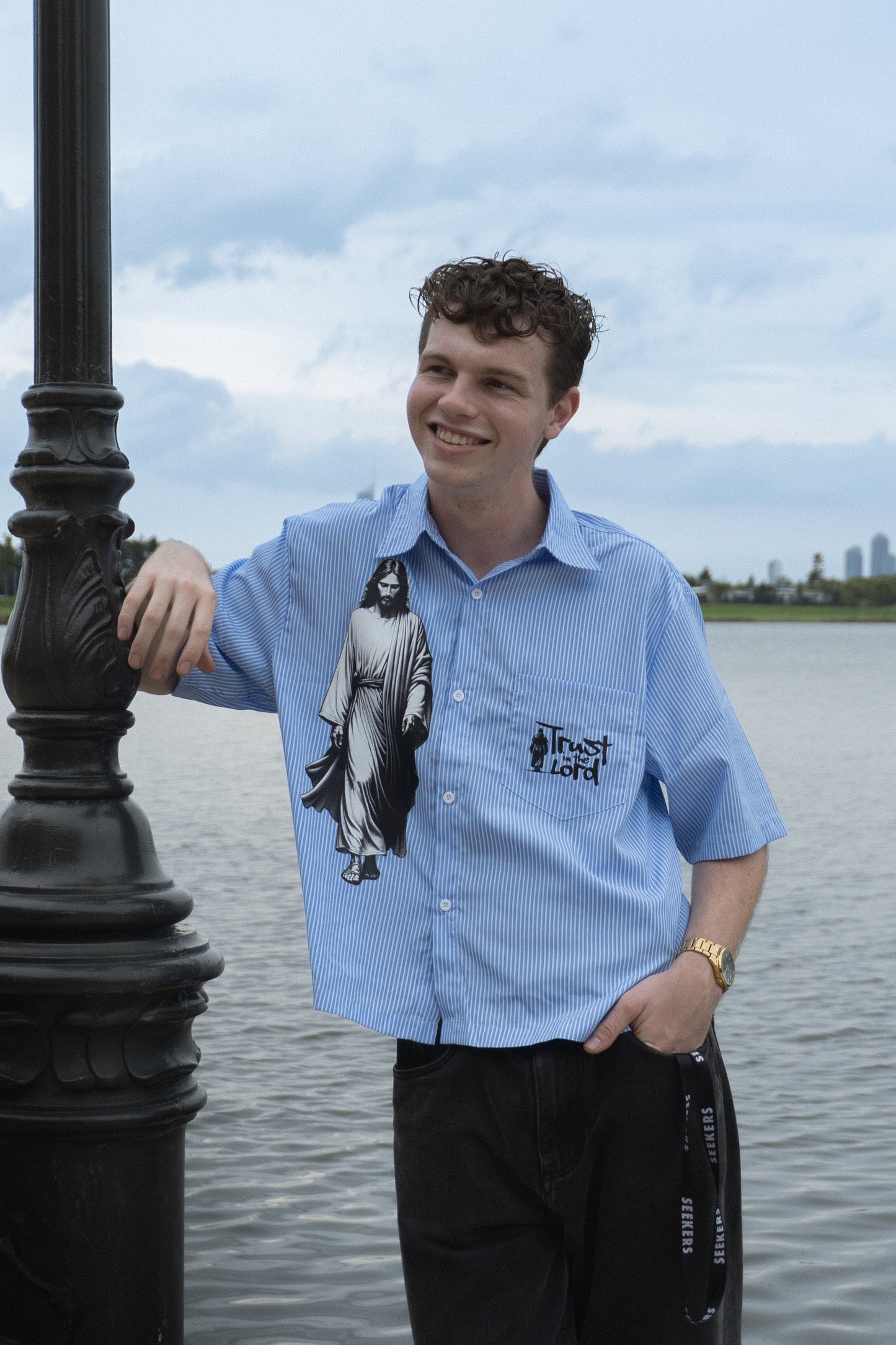 Trust in the Lord Vertical Stripe Boxy Shirt-Blue