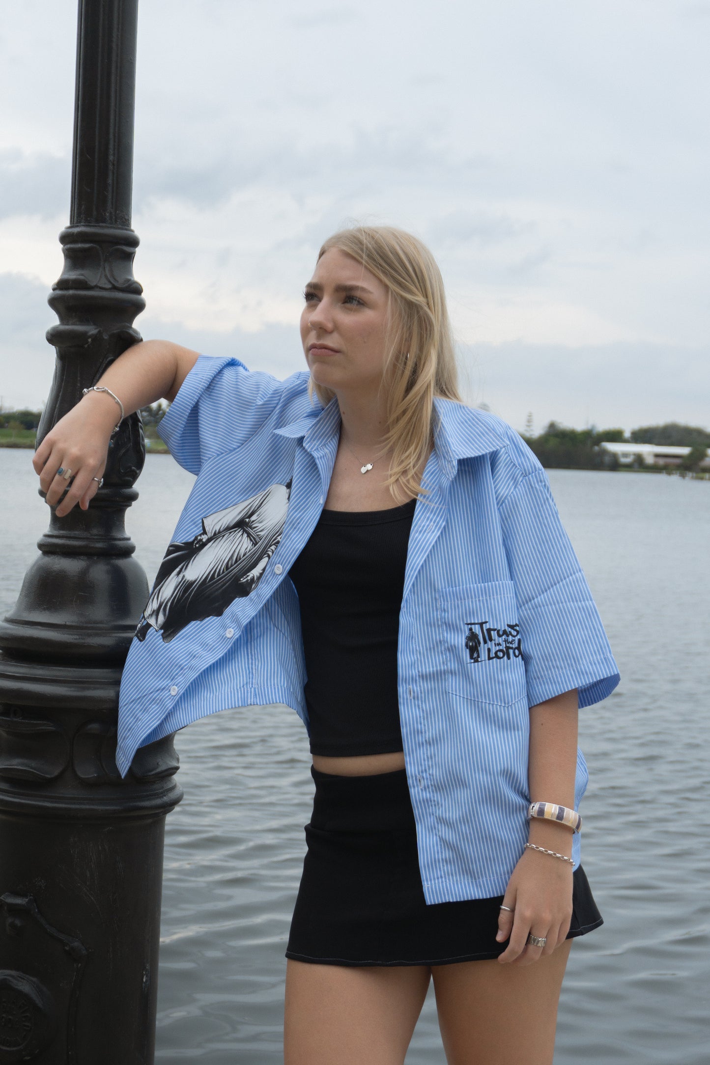 Trust in the Lord Vertical Stripe Boxy Shirt-Blue