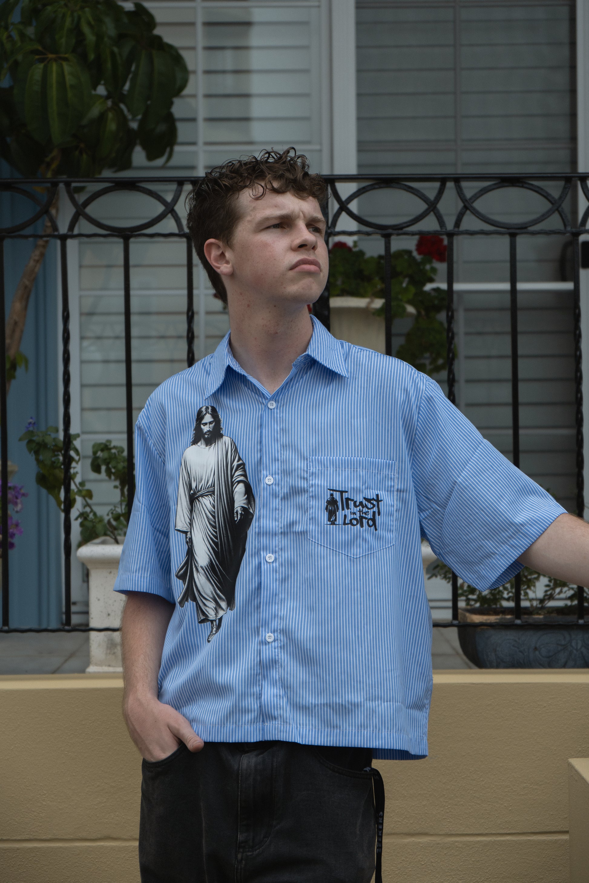 Trust in the Lord Vertical Stripe Boxy Shirt-Blue