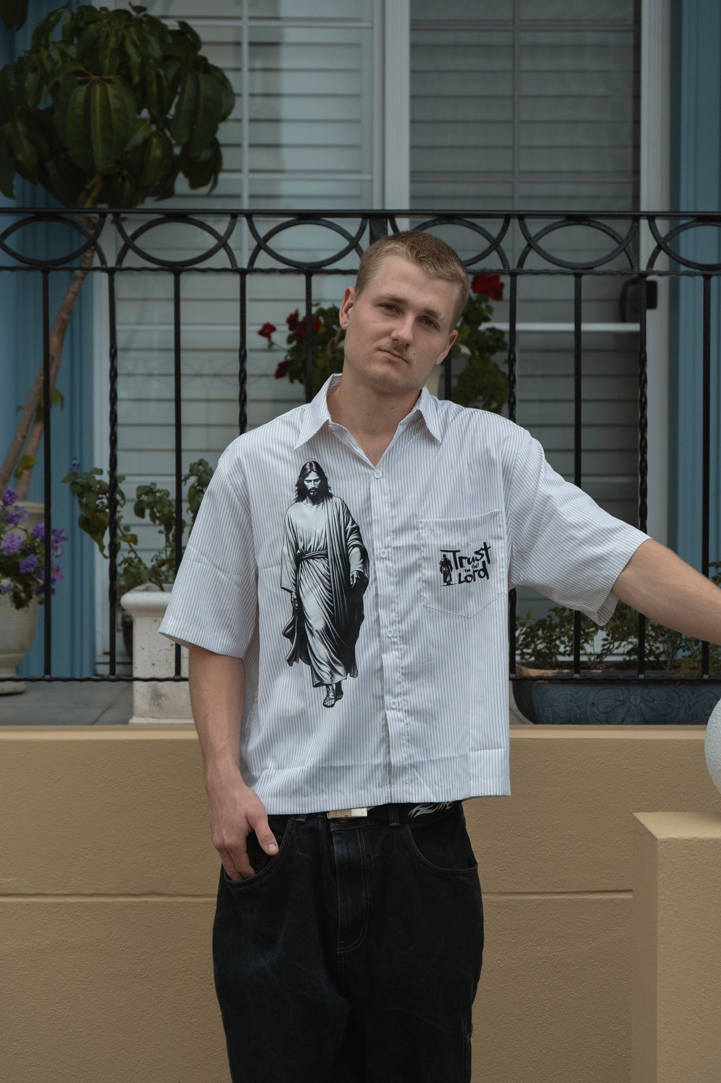 Trust in the Lord Vertical Stripe Boxy Shirt-White