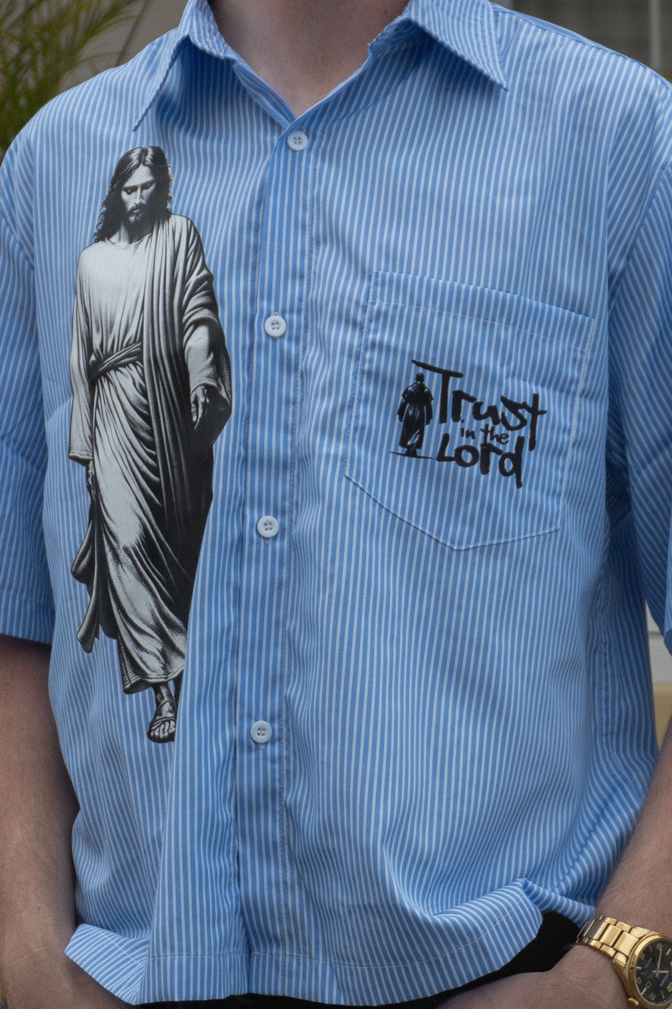 Trust in the Lord Vertical Stripe Boxy Shirt-Blue
