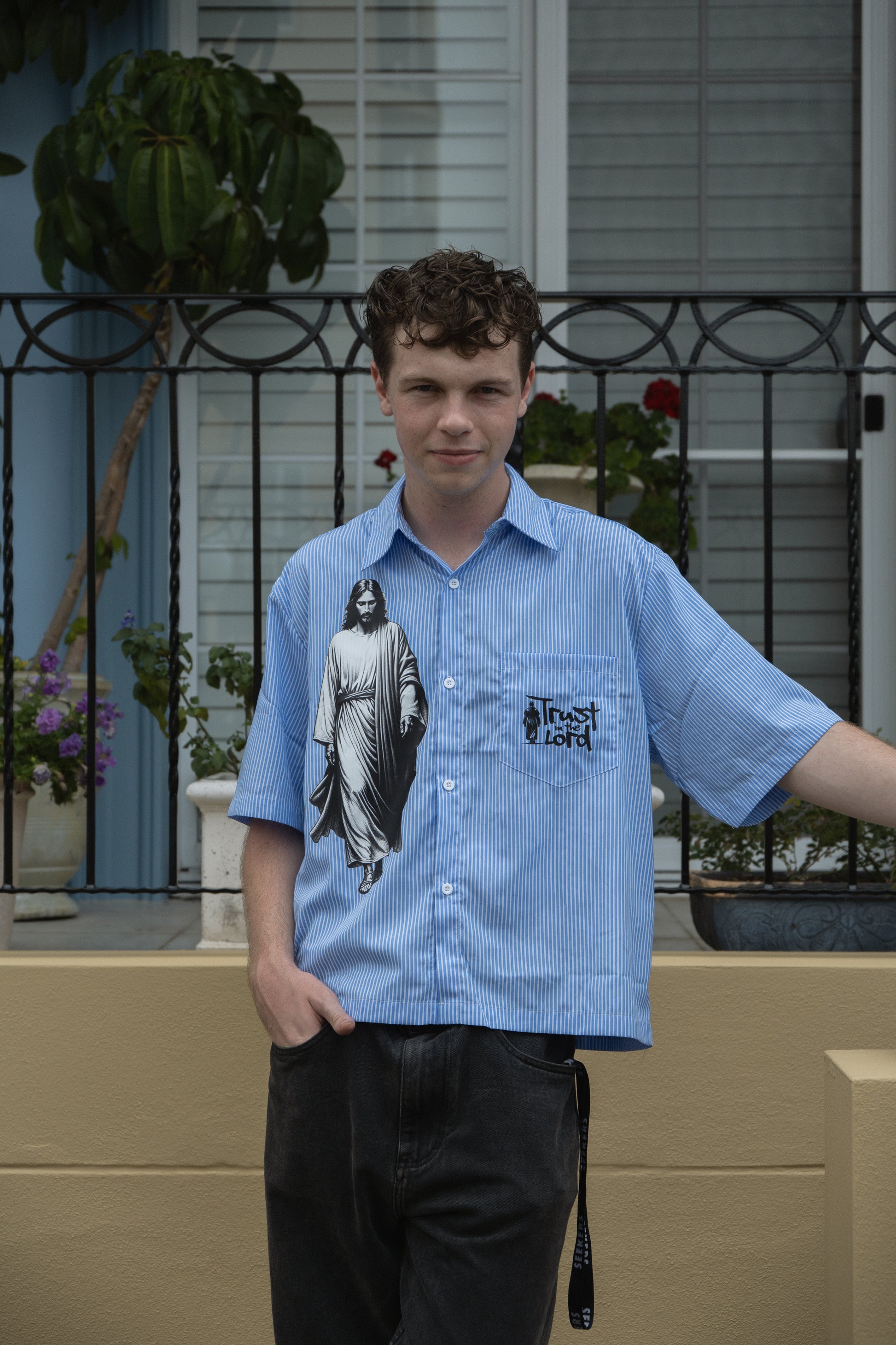 Trust in the Lord Vertical Stripe Boxy Shirt-Blue